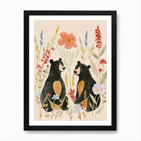 Folksy Floral Animal Drawing Black Bear Art Print