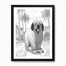 Newfoundland Dog Skateboarding Line Art 3 Art Print