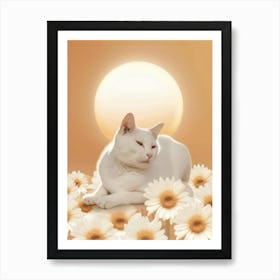 White Cat With Daisies Art Print