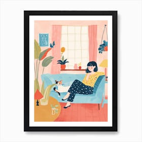 Girl In The Sofa With Pets Tv Lo Fi Kawaii Illustration 4 Art Print