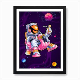 Relaxing astronaut in space — space poster, synthwave space, neon space, aesthetic poster Art Print