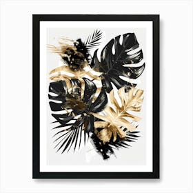 Gold And Black Tropical Leaves 1 Art Print