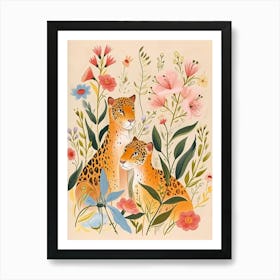 Folksy Floral Animal Drawing Jaguar 6 Art Print