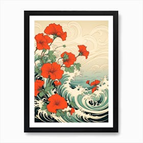 Great Wave With Morning Glory Flower Drawing In The Style Of Ukiyo E 3 Art Print