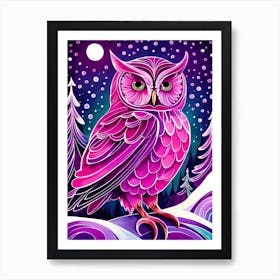 Pink Owl Snowy Landscape Painting (92) Art Print