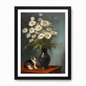 Painting Of A Still Life Of A Daisies With A Cat, Realism 3 Art Print