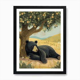 American Black Bear Laying Under A Tree Storybook Illustration 3 Art Print