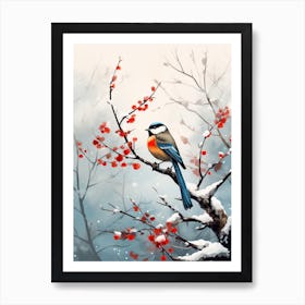 Lone Bird Perching On Snowy Branches 4 Art Print