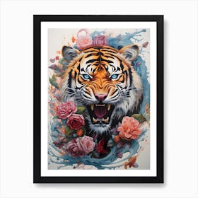 Tiger With Roses Art Print