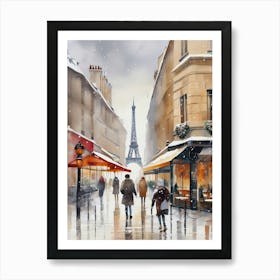 Paris cafes, winter season, Christmas, autumn oil colors, pale colors, pedestrians in the street, winter clothes, falling snow.9 Art Print