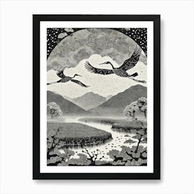 Cranes In Flight Ukiyo-E Art Print