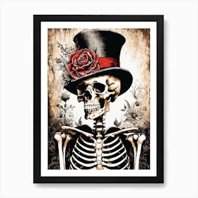 Floral Skeleton With Hat Ink Painting (53) Art Print