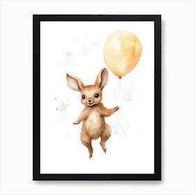 Baby Kangaroo Flying With Ballons, Watercolour Nursery Art 2 Art Print