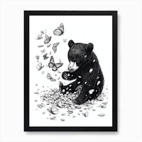 Malayan Sun Bear Cub Playing With Butterflies Ink Illustration 3 Art Print