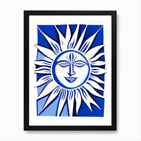 Sun Symbol Blue And White Line Drawing Art Print