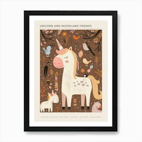 Unicorn In The Meadow With Abstract Woodland Animal Friends Muted Pastel 3 Poster Art Print