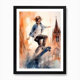 Girl Skateboarding In Prague, Czech Republic Watercolour 4 Art Print