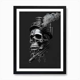 Skull With Tattoo Style Artwork Grey Stream Punk Art Print