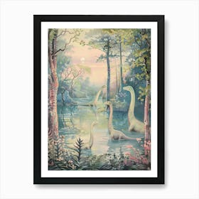 Brachiosaurus Family Bathing In The River Storybook Painting 2 Art Print