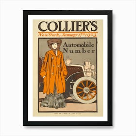 Woman and a vintage car Art Print