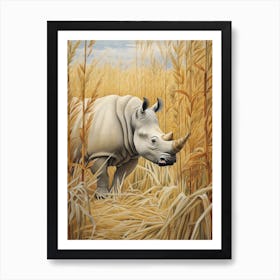 Rhino In The Dry Grass Realistic Illustration Art Print