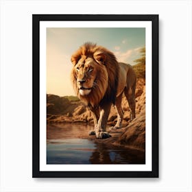 African Lion Drinking From A Stream Realistic 2 Art Print