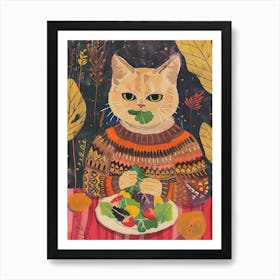 Cute Brown Cat Eating Salad Folk Illustration 4 Art Print