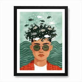 Illustration Of A Man With Fish In His Head Art Print