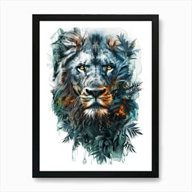 Double Exposure Realistic Lion With Jungle 14 Art Print