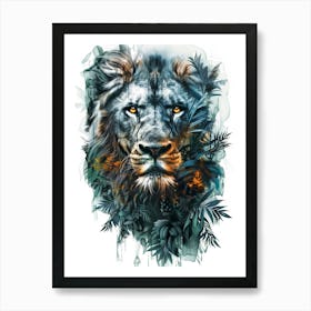 Double Exposure Realistic Lion With Jungle 14 Poster