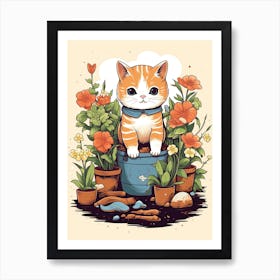 Kawaii Cat Drawings Gardening 5 Art Print