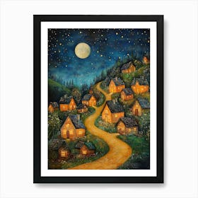 Village At Night With Stars and Moon In The Sky 9 Art Print