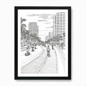 View Of Honolulu Hawaii Line Art Black And White 1 Art Print