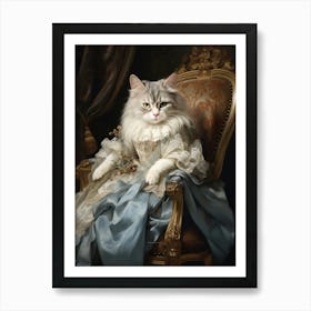 Cat In Blue Silk Dress On Throne Art Print