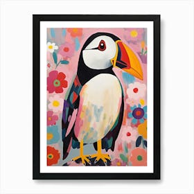 Pink Scandi Puffin 1 Art Print