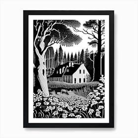 Rosendals Trädgård, 1, Sweden Linocut Black And White Vintage Art Print