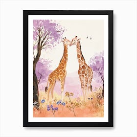 Pair Of Giraffes Lilac Warercolour Portrait Art Print