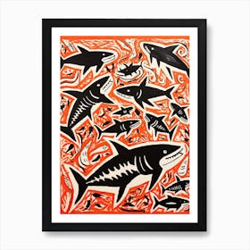 Shark, Woodblock Animal  Drawing 3 Art Print