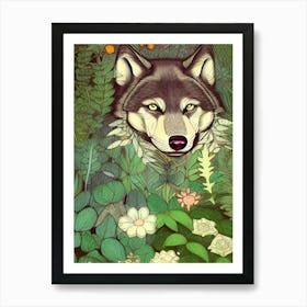 Wolf Flowers Nature Wildflowers Husky Dog Canine Pet Cartoon Art Print