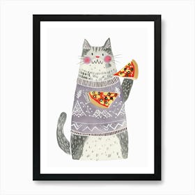 Happy Grey And White Cat Pizza Lover Folk Illustration 4 Art Print