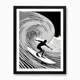 Surfing Linocut Black And White Painting , into the water, surfing Art Print