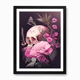 Skull With Celestial Themes Dark Pink Botanical Art Print