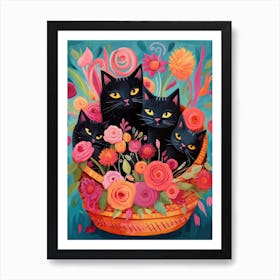 Black Kittens In A Basket Kitsch 3 Art Print