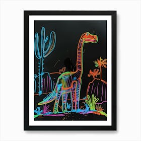 Neon Dinosaur Line Drawing In The Desert Art Print