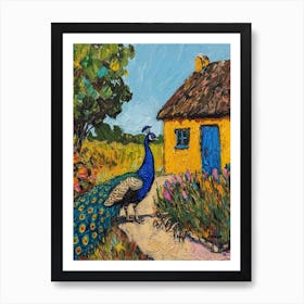 Peacock By A Thatched Cottage Textured Painting 4 Art Print