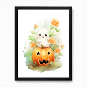 Cute Ghost With Pumpkins Halloween Watercolour 4 Art Print