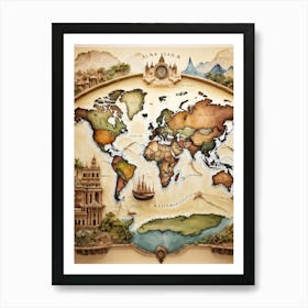 A World Map Visualizing An International Journey Pinpointing Iconic Historical Landmarks Across Var (2) Art Print