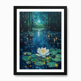 A Painting Of Forest At Night, Where The Moonlight Reflects On Lily Pads Art Print