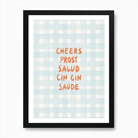 Cheers Prost Salud modern capitalized hand-lettering gingham in orange and blue Art Print