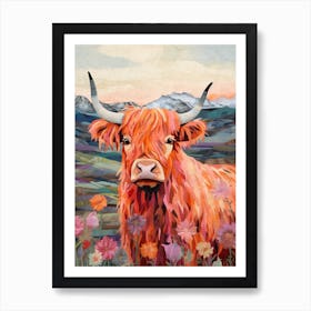 Floral Textured Patchwork Illustration Of Highland Cow Art Print